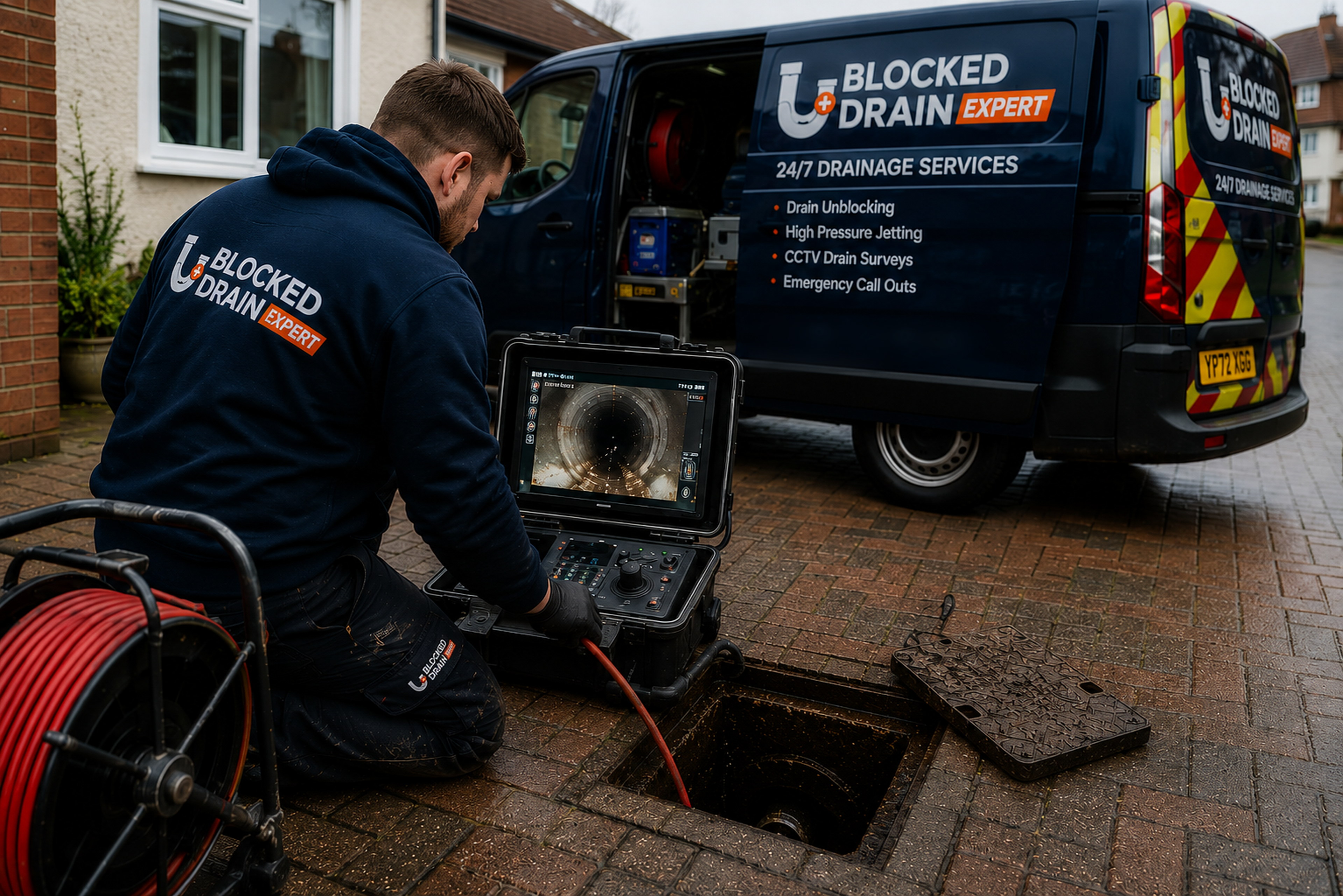 Blocked Drain Expert engineer carrying out a CCTV drain inspection beside a branded service van